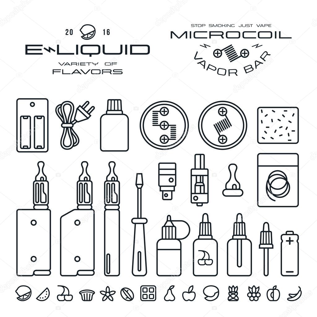 Vape labels, e-cigarette and fruit flavor icons in thin line style. Black print on white background