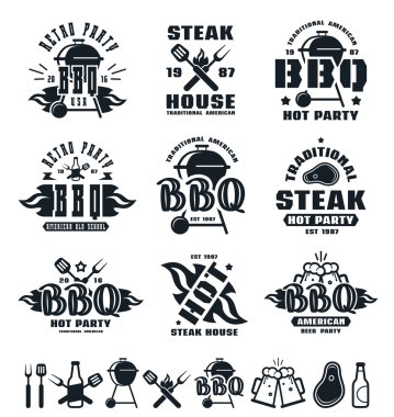 Barbekü etiketleri, rozetleri ve tasarım öğeleri kümesi