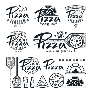 Pizzacı etiketleri, rozetleri ve tasarım öğeleri kümesi
