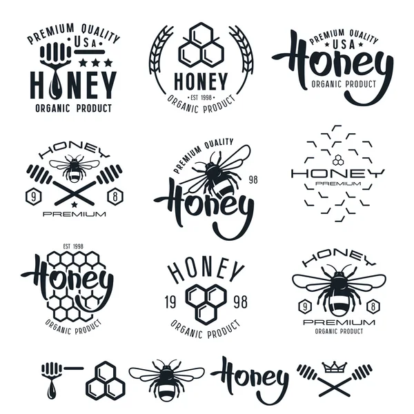 Set of honey labels, badges and design elements — Stock Illustration Set of honey labels, badges and design elements Royalty Free Stock Vectors
