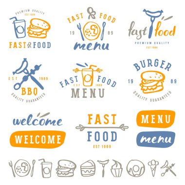 Fast food çizim stili fırça şablon etiketleri 