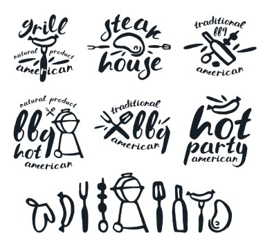 Barbekü etiketleri, rozetleri ve tasarım öğeleri kümesi