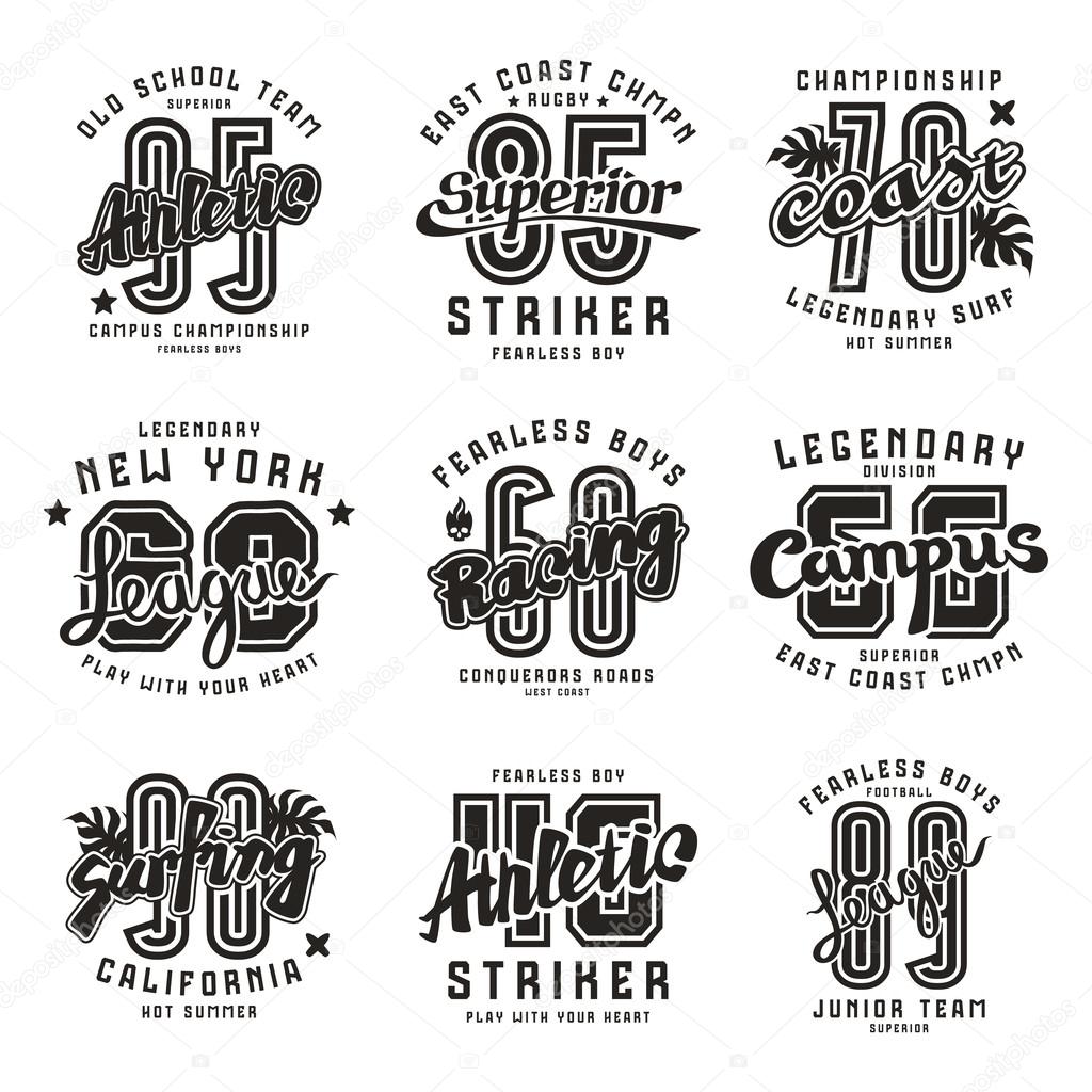 Set of sport emblems  surfing, racing, rugby. Graphic design for t-shirt. Isolated on white  background