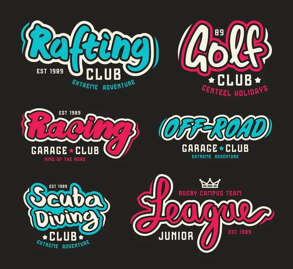 Set di lettere vintage logo rafting, immersioni, golf, ride off - — Vettoriale Stock