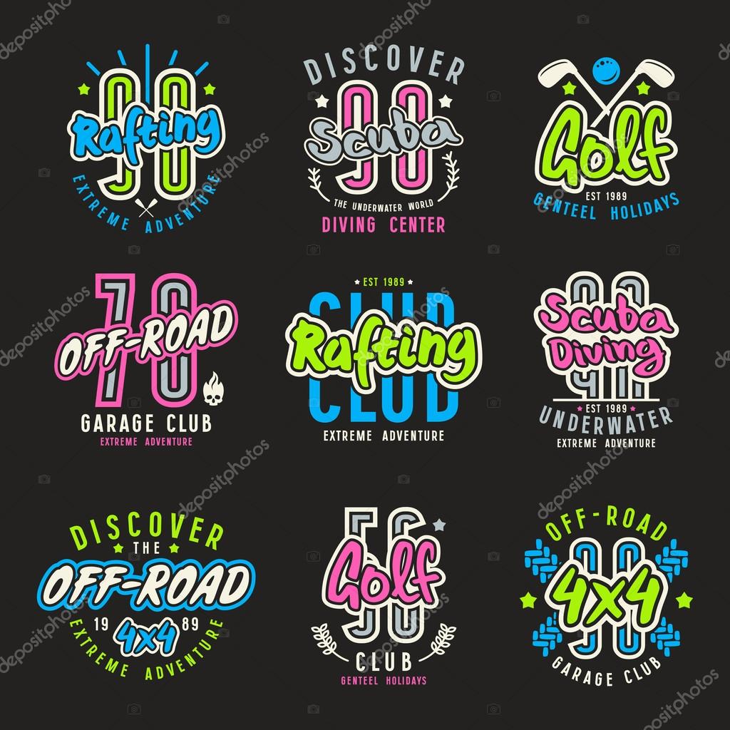 Set of sport emblems  rafting, diving, golf, riding off-road. Graphic design for t-shirt. Color print on black background