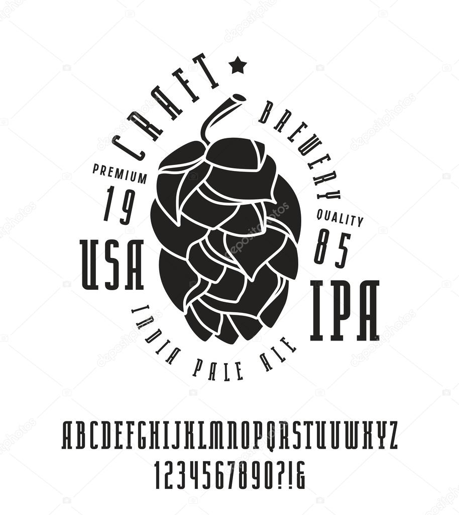 Narrow serif font and craft brewery label. Bold face. Black print on white background