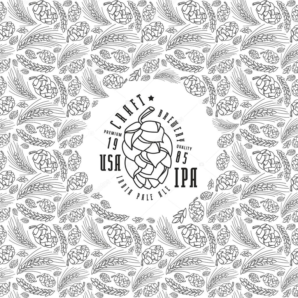 Malt and cone hop pattern. Craft beer brewery label. Black print on white background
