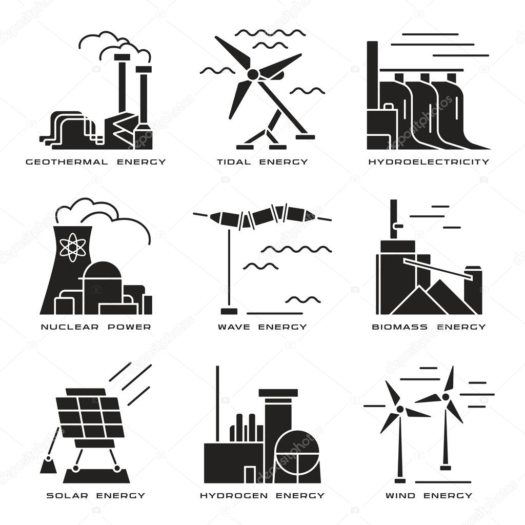 Vector set of web icons on electricity generation plants and sou