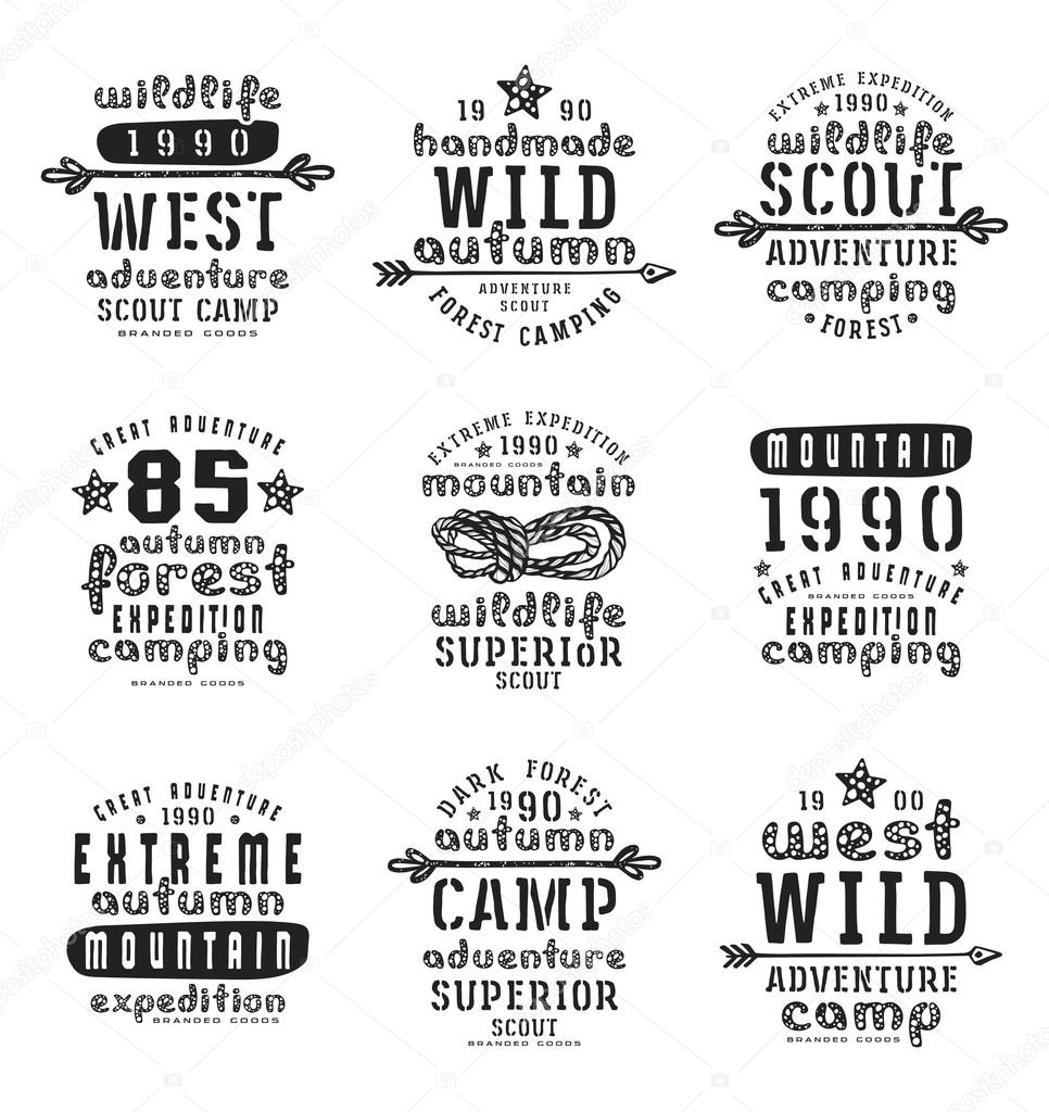 Set of typographic  compositions for t-shirt. Outdoor recreation. Black print on white background