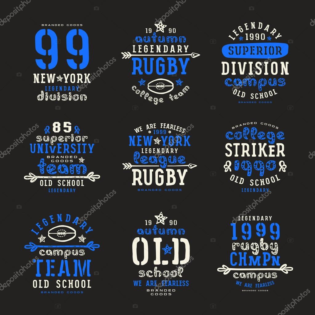 Set of typographic  compositions for t-shirt. Rugby team. Print on black background