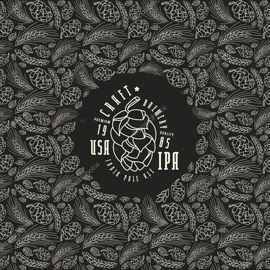 Malt and cone hop pattern. Craft beer brewery label. White print on black background