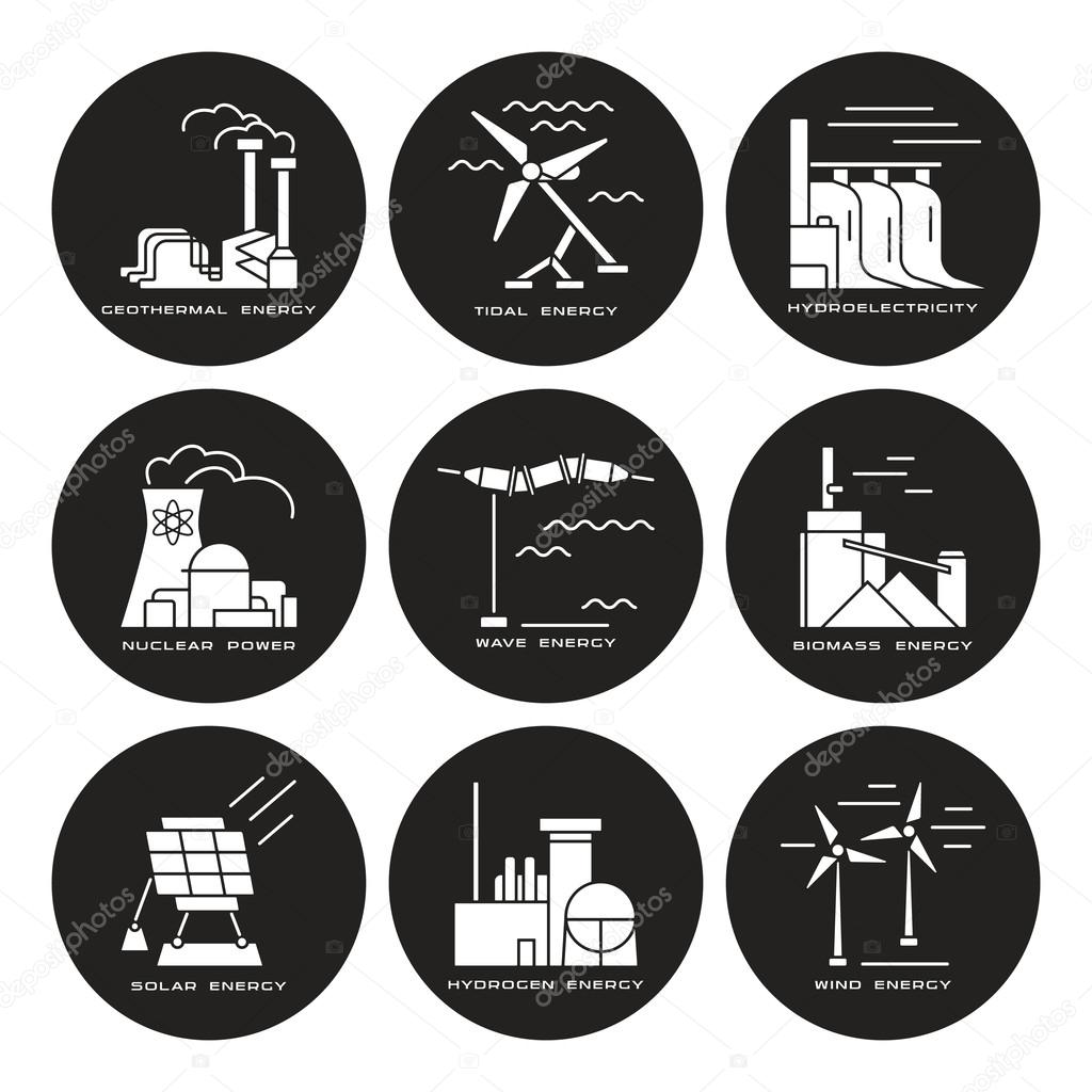 Vector set of web icons on electricity generation plants and sou