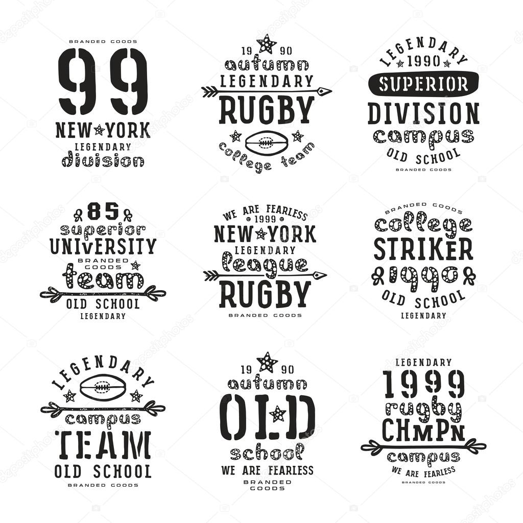 Set of typographic  compositions for t-shirt. Rugby team. Black print on white background