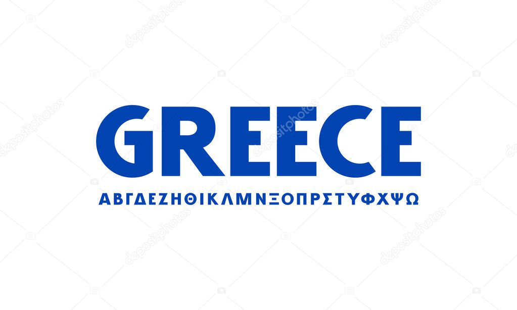 Greek sans serif font in classic style. Bold face. Letters for logo and headline design. Blue print on white background