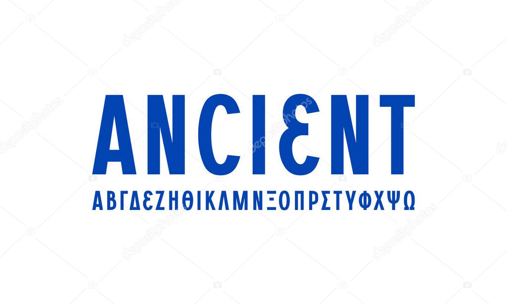 Greek sans serif font in laconic style. Letters for logo and headline design. Blue print on white background
