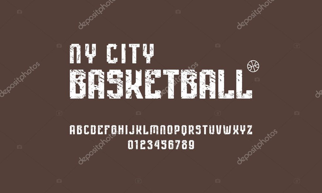 Sans serif font with rounded corners. Bold face. Letters and numbers with rough texture for sport logo design. White print on brown background