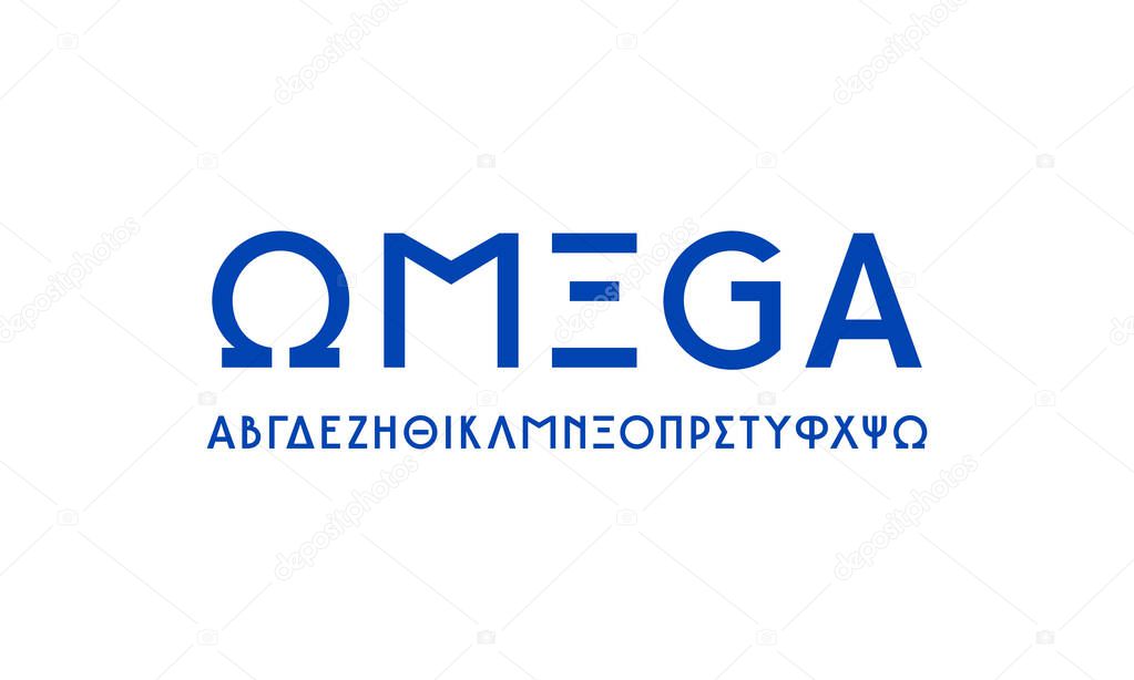 Greek sans serif font in classic style. Letters for logo and headline design. Blue print on white background