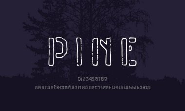 Kiril alfabesi harfi harfi harfi harfi harfi harfi olmayan el yapımı grafikler. Logo ve tişört tasarımı için kaba desenli içi boş harfler ve numaralar. Orman dokusu arkaplanı üzerine yazdır