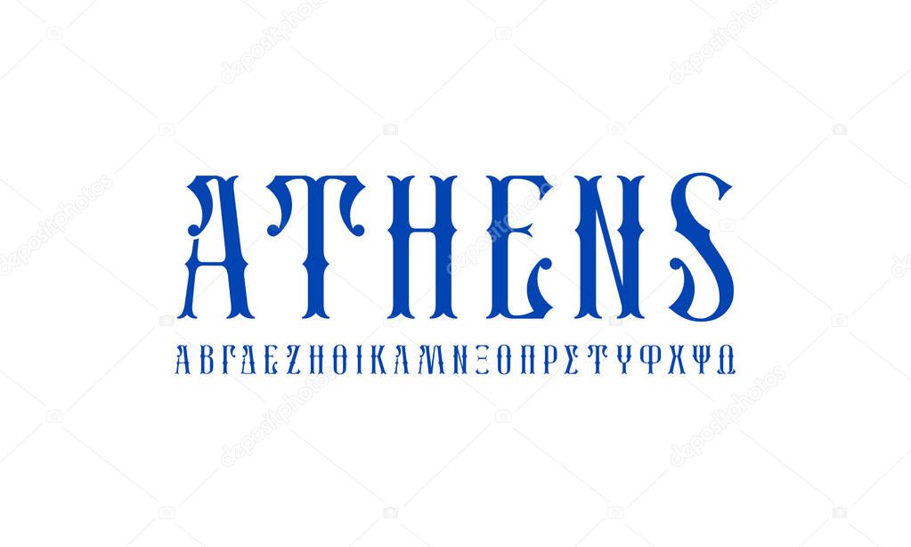 Greek decorative serif font. Letters for alcohol logo and label design. Blue print on white background