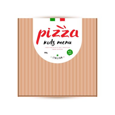 Pizza kutusu için etiket tasarımı. Elle çizilmiş stil. Parlak renkli yazdırma