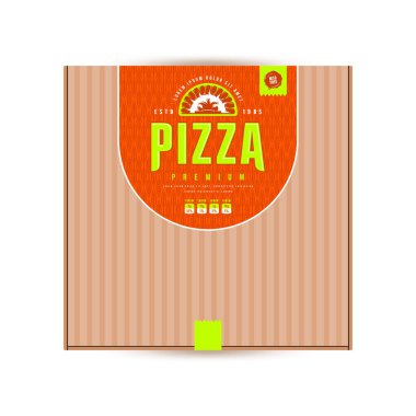 Pizza kutusu için etiket tasarımı. Turuncu arkaplanda neon renkli metin