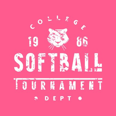 Softball üniversite turnuvasının amblemi. Tişört için klasik desenli grafiksel tasarım. Pembe arkaplanda beyaz baskı