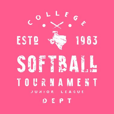 Teksas 'taki softball turnuvasının amblemi. Tişört için klasik desenli grafiksel tasarım. Pembe arkaplanda beyaz baskı