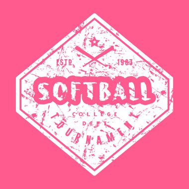 Softball üniversite turnuvasının amblemi. Tişört için klasik desenli grafiksel tasarım. Pembe arkaplanda beyaz baskı