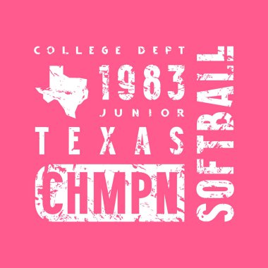 Teksas 'taki softball turnuvasının amblemi. Tişört için klasik desenli grafiksel tasarım. Pembe arkaplanda beyaz baskı