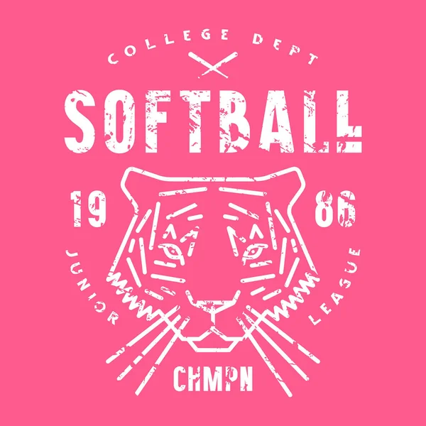 Emblem Softball Tournament Picture Tiger Graphic Design Vintage Texture Shirt — Stock Vector