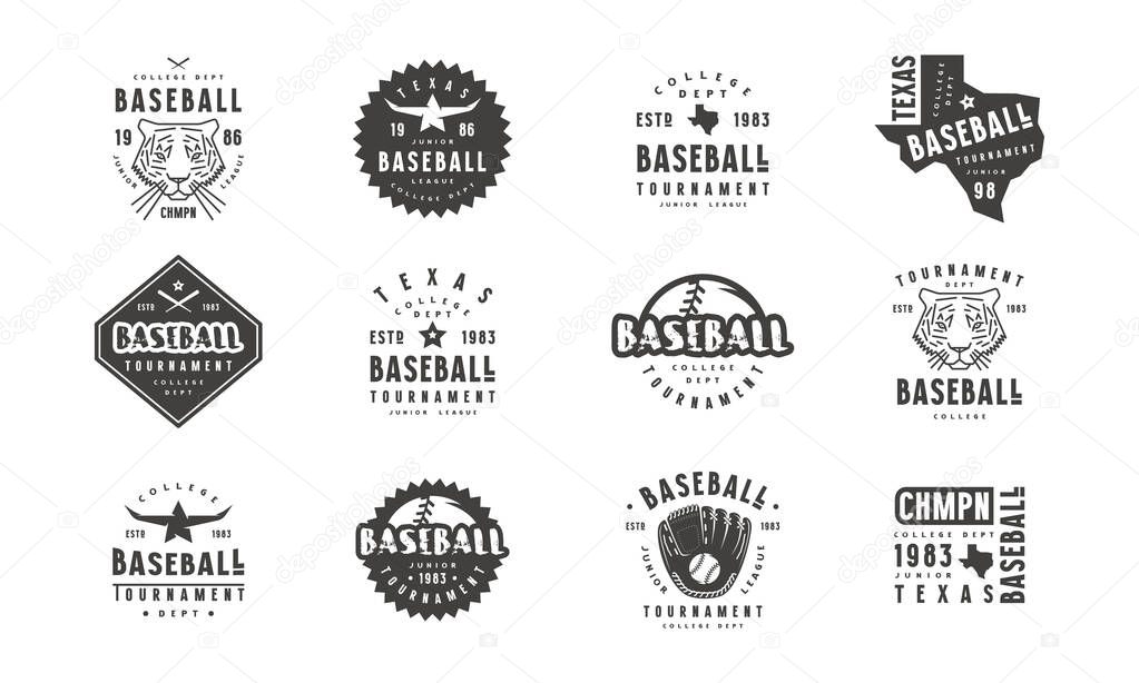 Badges set of baseball team with a picture of tiger and silhouette of the state of Texas. Graphic design for t-shirt. Black print on white background