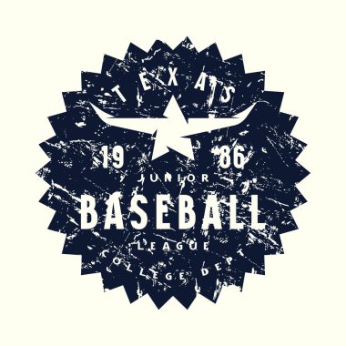 Teksas 'taki beyzbol turnuvasının amblemi. Tişört için klasik desenli grafiksel tasarım. Beyaz arkaplanda siyah baskı