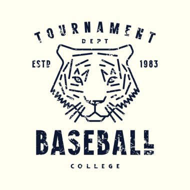 Beyzbol turnuvasının amblemi ve kaplan resmi. Tişört için klasik desenli grafiksel tasarım. Beyaz arkaplanda siyah baskı
