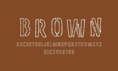 Kalıp- plaka içi boş serif yazı tipi olmayan el yapımı grafikler. Logo ve amblem tasarımı için kaba desenli harfler ve numaralar. Kahverengi arkaplanda beyaz baskı