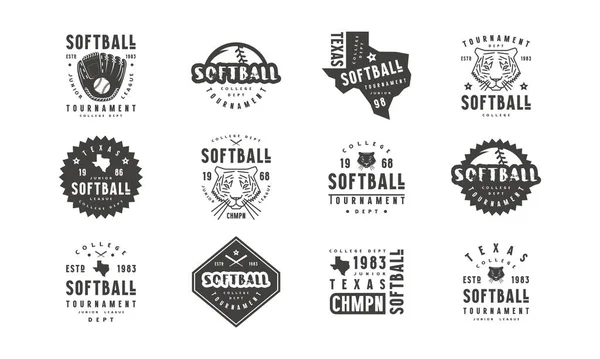 Badges Set Van Softbal Toernooi Met Een Foto Van Tijger — Stockvector