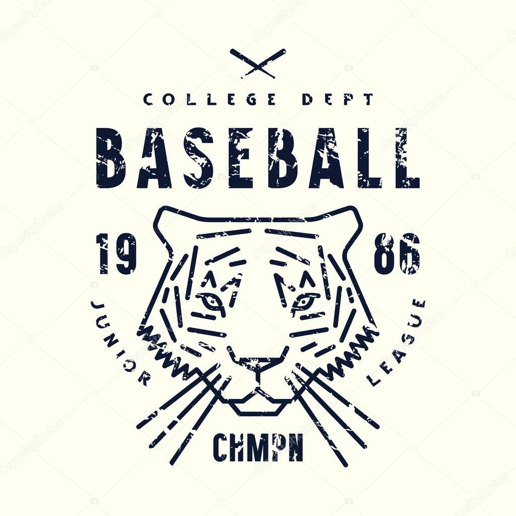 Emblem of baseball tournament with a picture of tiger. Graphic design with vintage texture for t-shirt. Black print on white background