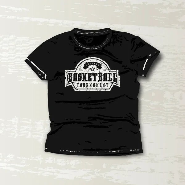 篮球联赛会徽 T恤衫的平面设计 黑色衣服上的白印 — 图库矢量图片