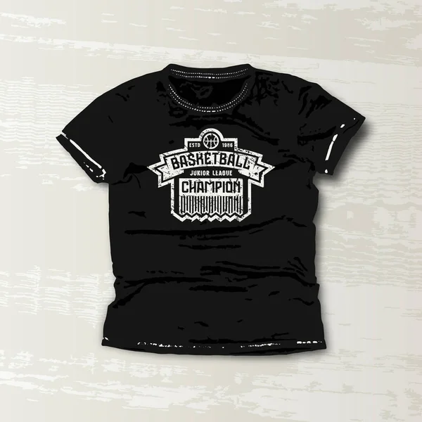 篮球冠军徽章 T恤衫的平面设计 黑色衣服上的白印 — 图库矢量图片