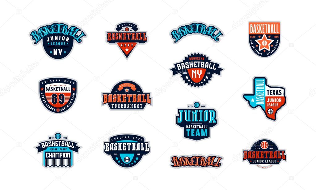 Badges set of basketball tournament with lettering and silhouette of the state of Texas. Graphic design for t-shirt. Color print on white background