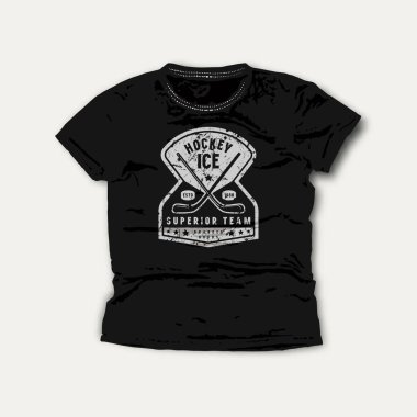 Buz hokeyi takımı amblemi. Tişört için grafiksel tasarım. Siyah giysinin üzerindeki gri iz