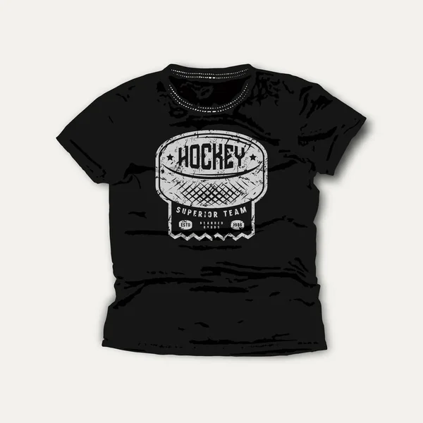 冰球精英队徽 T恤衫的平面设计 黑色衣服上的灰色印花 — 图库矢量图片