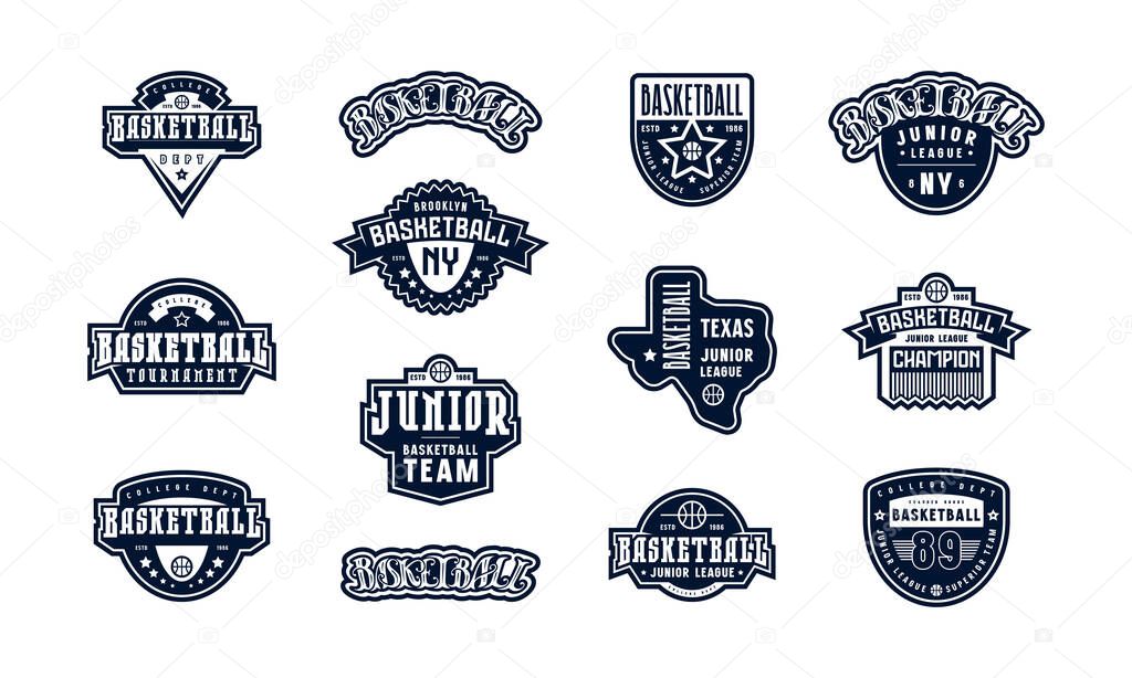 Badges set of basketball tournament with lettering and silhouette of the state of Texas. Graphic design for t-shirt. Black print on white background