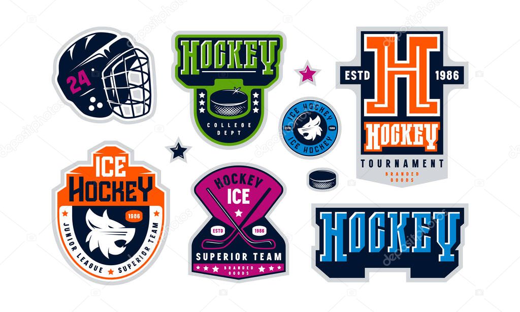 Badges set of ice hockey team. Graphic design for stickers and t-shirt. Color print on white background