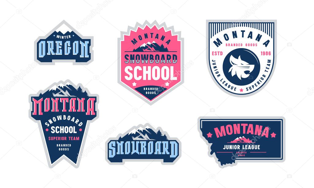 Montana and Oregon snowboarding emblem set. Graphic design for sticker and t-shirt. Color print on white background