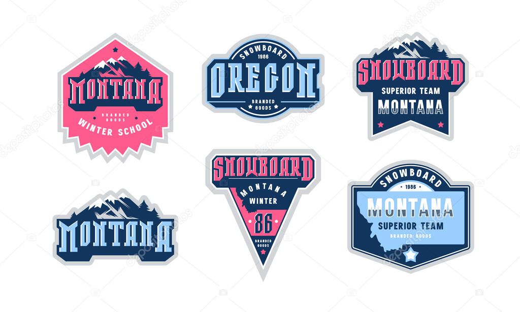 Montana and Oregon snowboarding emblem set. Graphic design for sticker and t-shirt. Color print on white background
