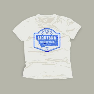 Montana snowboard amblemi. Tişört için grafiksel tasarım. Beyaz giysinin üzerindeki mavi iz