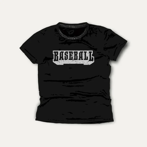 棒球字体徽章 T恤衫的平面设计 黑色衣服上的灰色印花 — 图库矢量图片