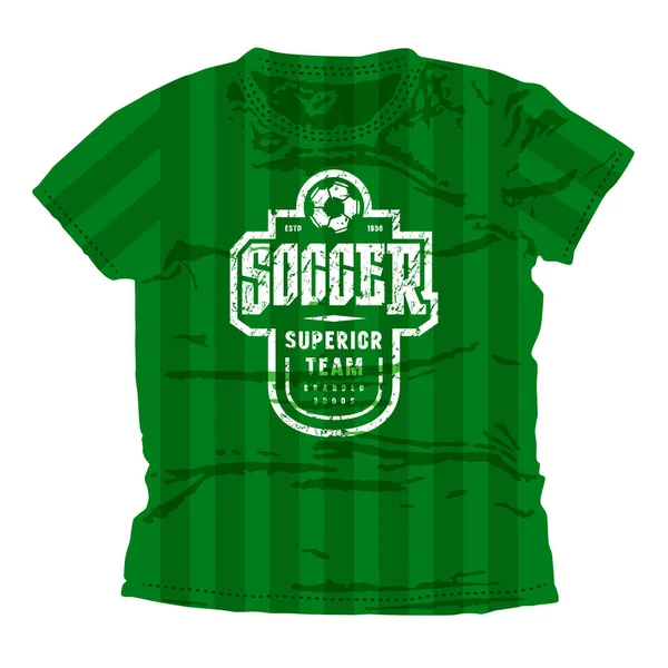 足球精英队徽 T恤衫的平面设计 绿色衣服上的白印 — 图库矢量图片