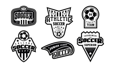 Futbol turnuvası rozetleri. Tişört için grafiksel tasarım. Beyaz arkaplanda siyah baskı