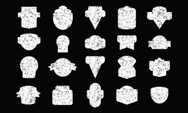 Kabataslak desenli bir dizi rozet silueti. Siyah arkaplanda beyaz baskı